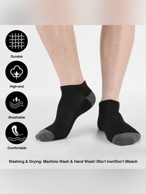 10 Pair Black Athletic Ankle Socks Arch Support/Cushioned Sole/Reinforced Toe